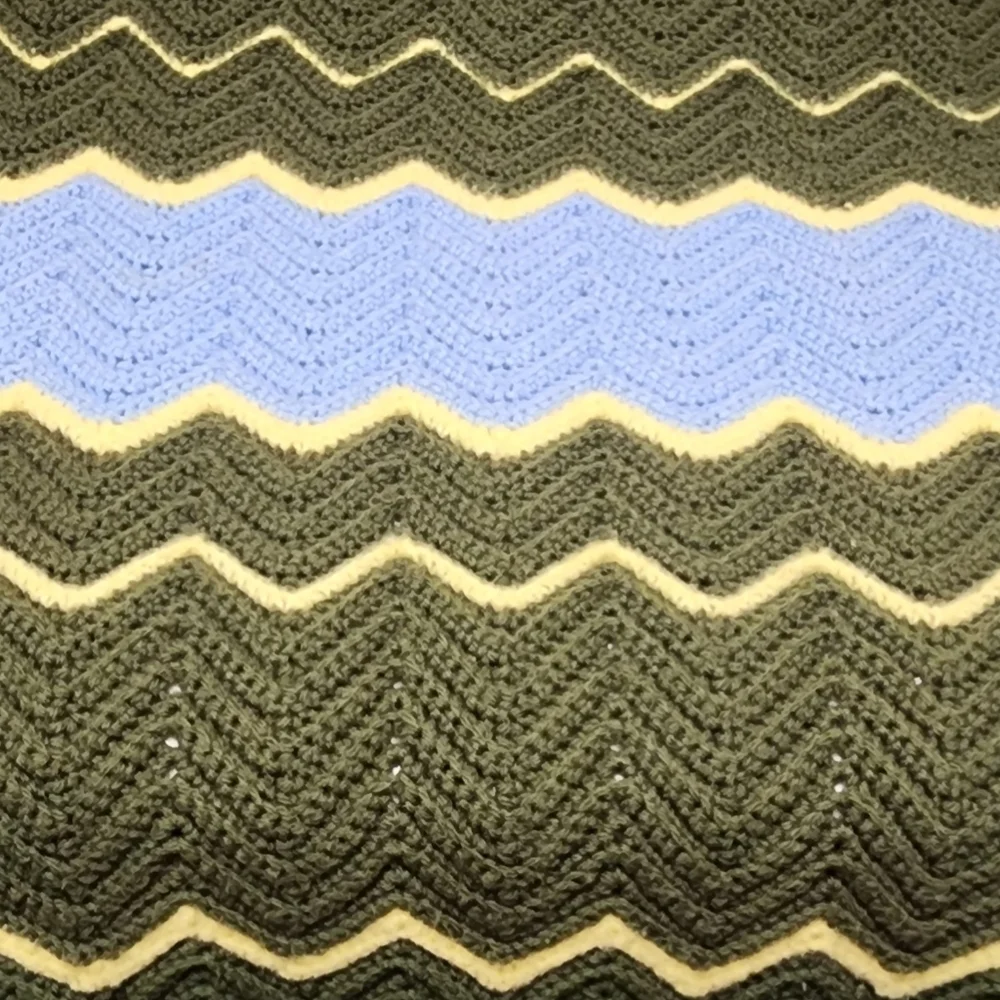 Vtg Handmade Afghan Knit Blanket 47 x 45 Zig Zag Olive Green Yellow Blue